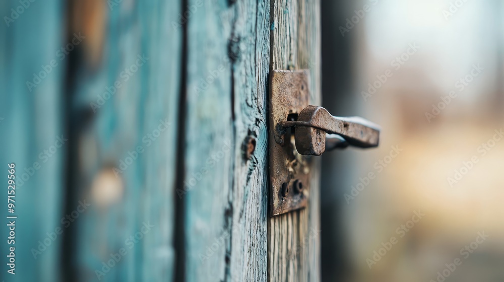 A tight shot of a door handle on a weathered wood door, adorned with a corroded padlock affixed to its exterior A tight shot of a door handle on a weathered wood door, adorned with a corroded padlock affixed to its exterior