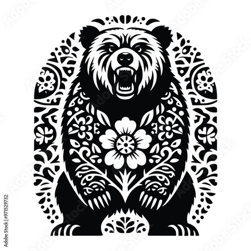 grizzly bear in folk art black and white silhouette illustration