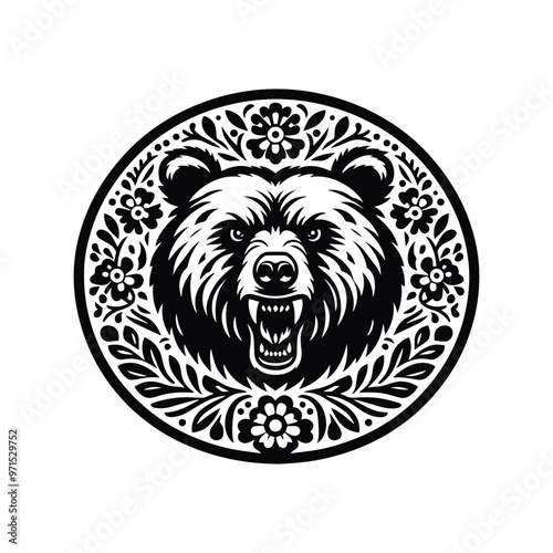 grizzly bear in folk art black and white silhouette illustration