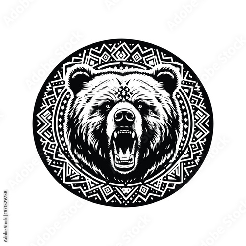 grizzly bear in bohemian black and white silhouette illustration