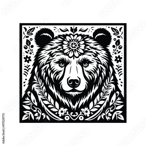 grizzly bear in folk art black and white silhouette illustration