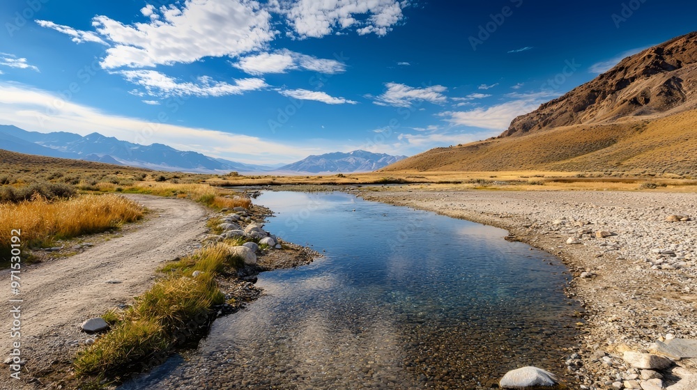 Fototapeta premium A desert river, framed by a mountain range backdrop, flows beneath a blue sky adorned with white clouds