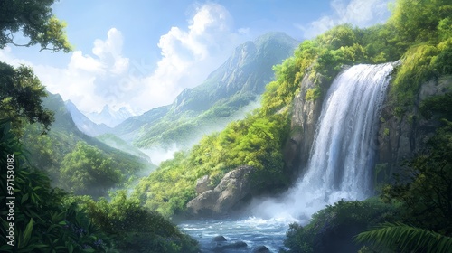  A waterfall situated in a forest, featuring a fall emerging from its side