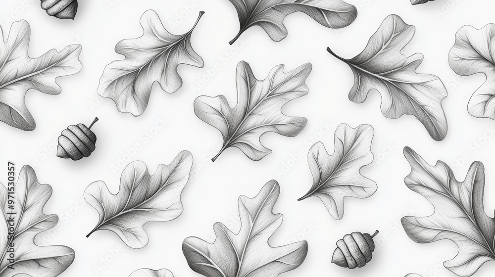 Fototapeta premium An elegant pencil pattern of oak leaves and acorns, repeating with gentle pencil textures and fine linework