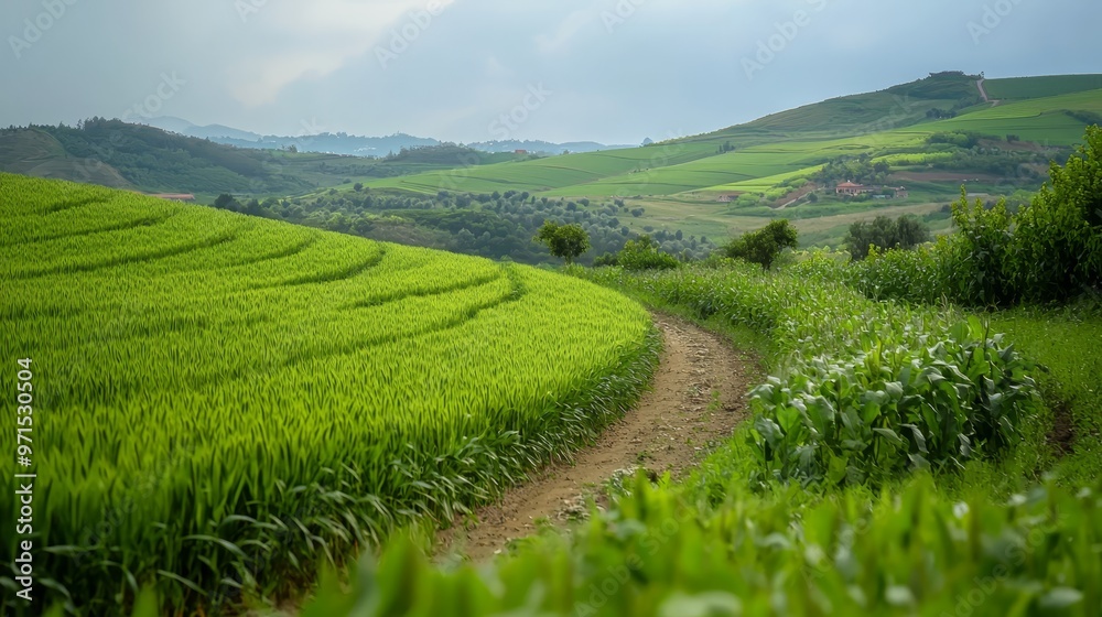 A dirt path through a verdant meadow, bordered by undulating hills and trees beyond A dirt path through a verdant meadow, bordered by undulating hills and trees beyond