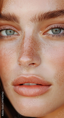  A tight shot of a woman's face featuring freckled hair and makeup with well-defined freckles