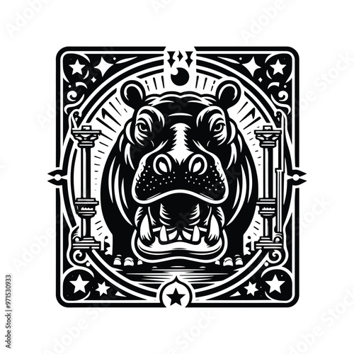 Hippo in Tarot card black and white silhouette illustration
