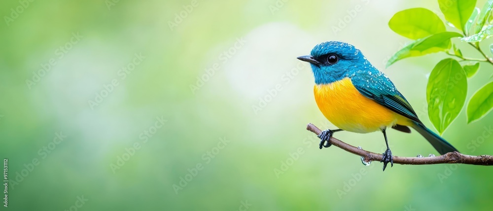 A small blue-and-yellow bird perches on a tree branch, surrounded by green leaves The background is softly blurred A small blue-and-yellow bird perches on a tree branch, surrounded by green leaves The background is softly blurred