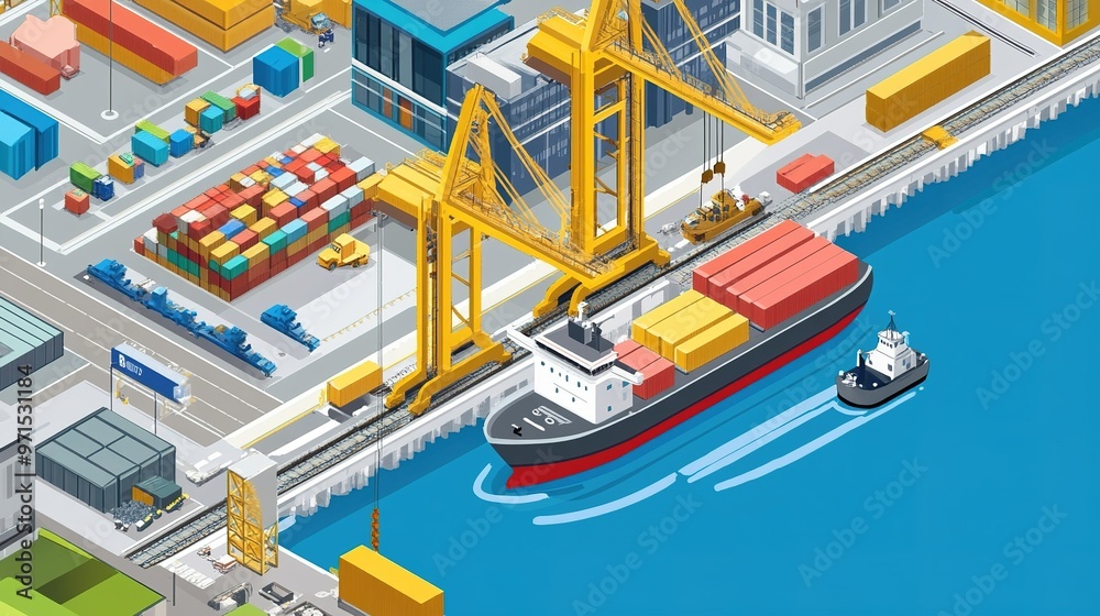 Shipping containers being loaded onto a cargo ship at a busy dock in an urban port during daylight hours Shipping containers being loaded onto a cargo ship at a busy dock in an urban port during daylight hours