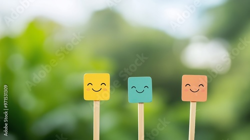 Three colorful smiley faces on sticks in front of a green bokeh background.