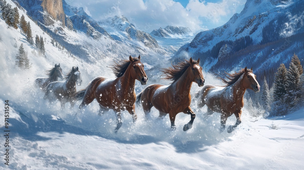 Obraz premium A Herd of Horses Running Through Snowy Mountains