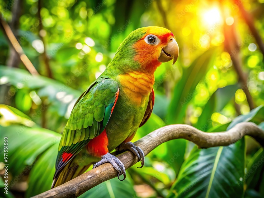 Vibrant green parrot perches on branch, showcasing bright orange beak and feathers, surrounded by lush foliage, with warm sunlight casting a natural, tropical ambiance. Vibrant green parrot perches on branch, showcasing bright orange beak and feathers, surrounded by lush foliage, with warm sunlight casting a natural, tropical ambiance.