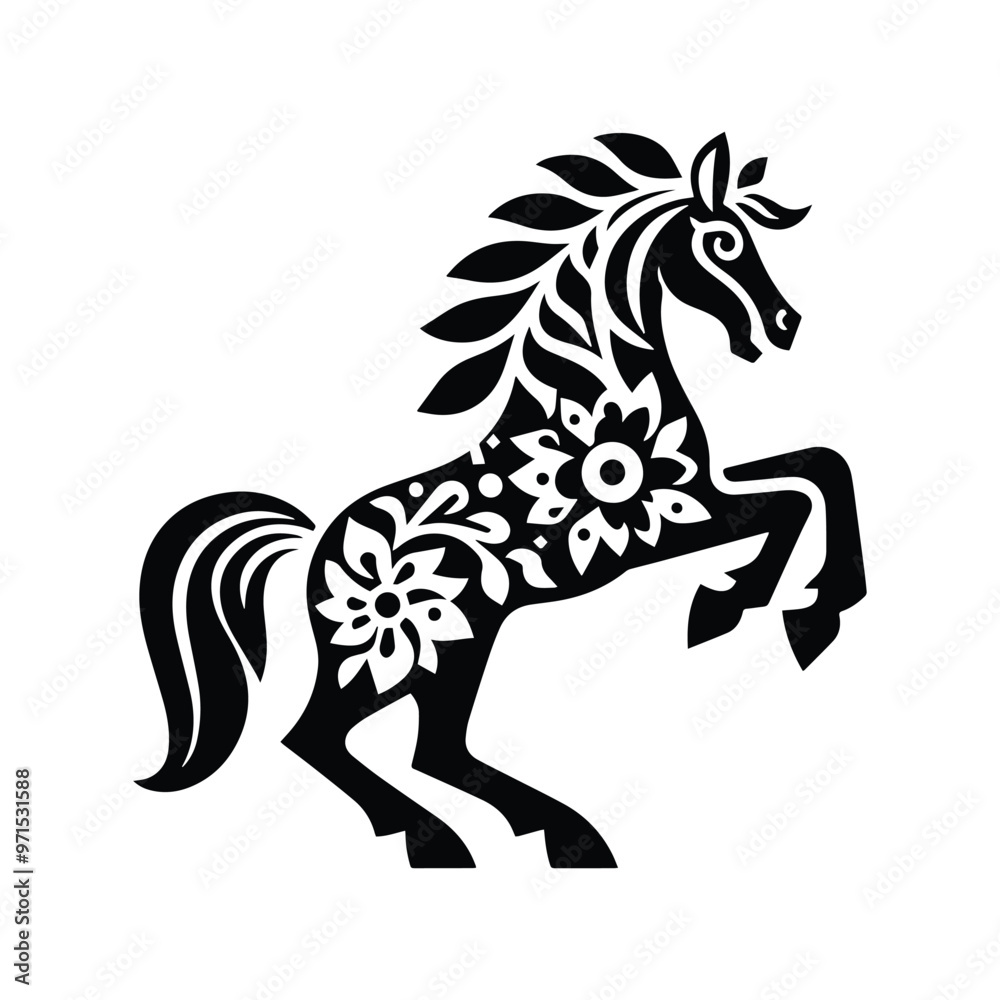 Fototapeta premium Horse in folk art black and white silhouette illustration