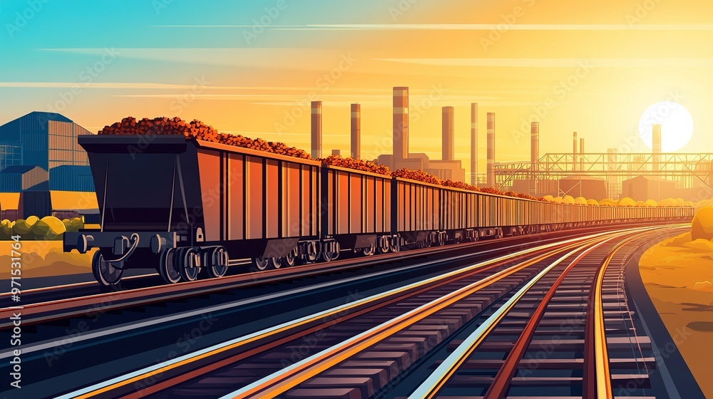 Coal trains transporting cargo at sunset near industrial landscape with power plants and tracks Coal trains transporting cargo at sunset near industrial landscape with power plants and tracks