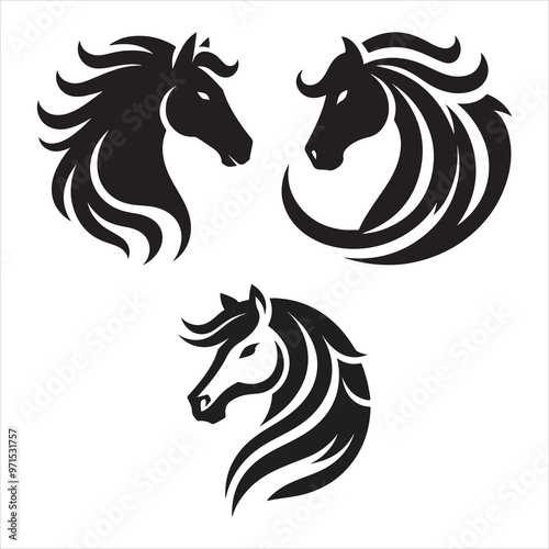 A white background with an isolated group of horses' faces as a logo