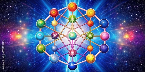 Vibrant illustration of the Kabbalistic Tree of Life, a sacred Jewish symbol representing divine wisdom, spirituality, and interconnectedness, with 10 spheres and 22 paths. photo