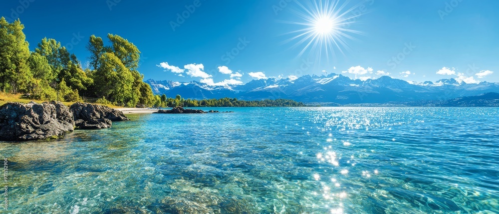 Fototapeta premium The sun gleams over the crystal-clear, blue lake A backdrop of majestic mountain ranges completes the scene