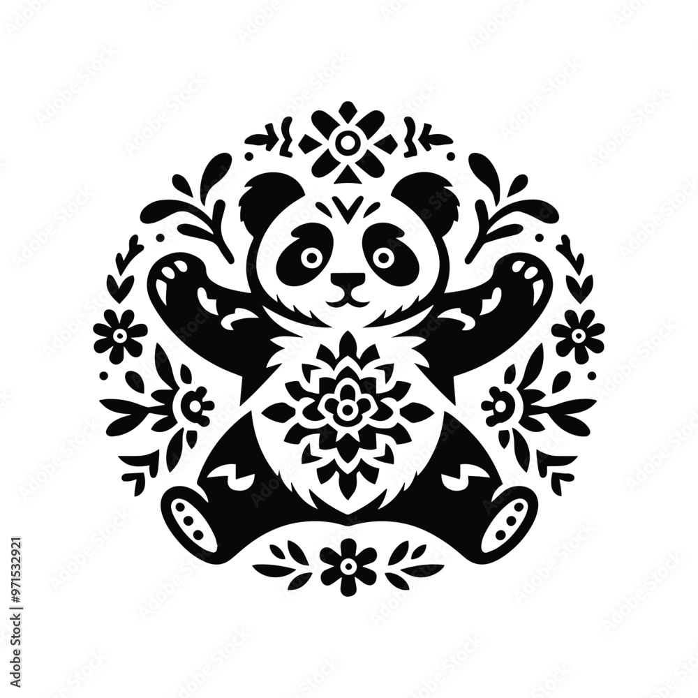 Fototapeta premium panda in folk art black and white silhouette illustration