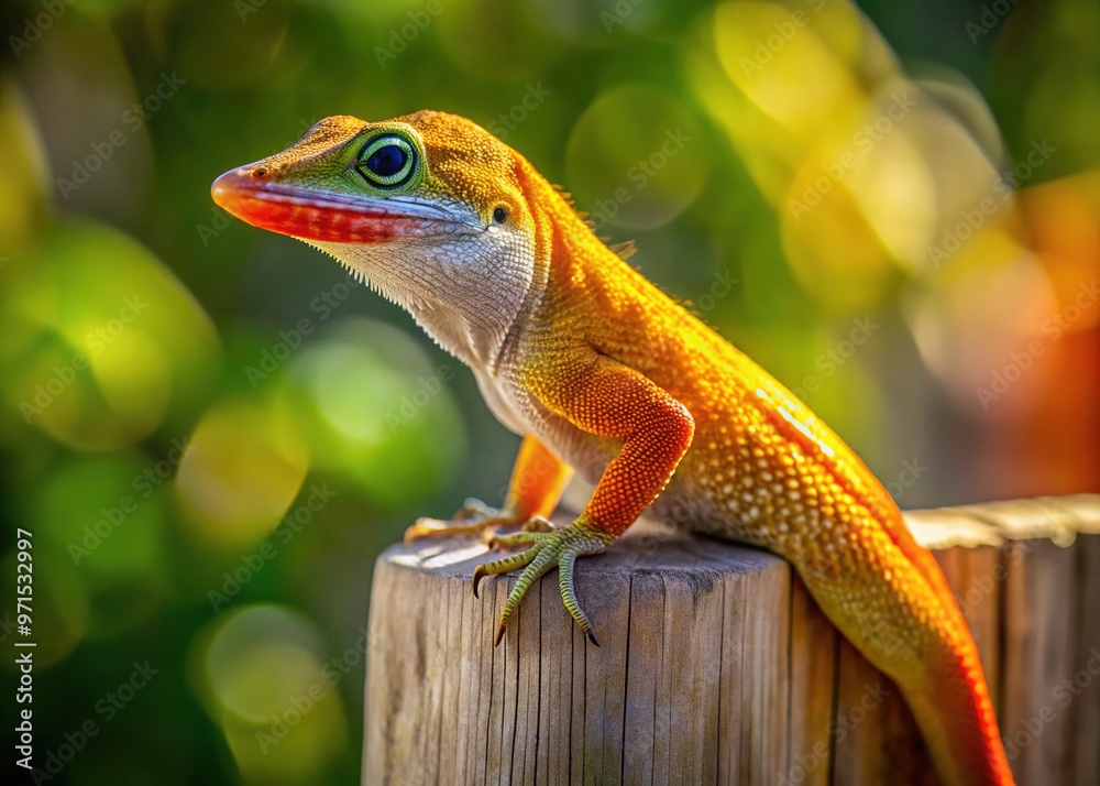 Vibrant orange-headed anole lizard, native to Florida, perches confidently on a weathered wooden fence, its scales glistening in the warm, sun-drenched subtropical climate. Vibrant orange-headed anole lizard, native to Florida, perches confidently on a weathered wooden fence, its scales glistening in the warm, sun-drenched subtropical climate.