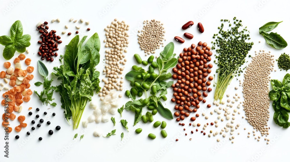 Fototapeta premium A Flat Lay of Various Legumes and Greens, White Background, Top View, Food Photography, Legumes, Greens, White Background