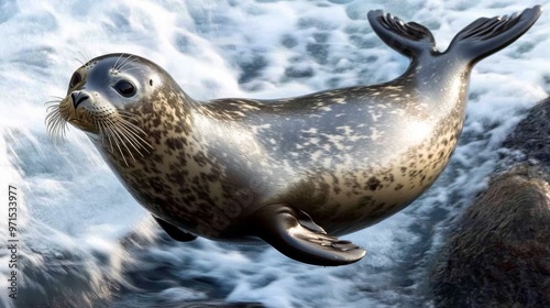 A Harbor Seal Emerging From the Ocean, Digital Painting, Detailed Fur Texture, Watery Background, Seal, Marine Life, Wildlife