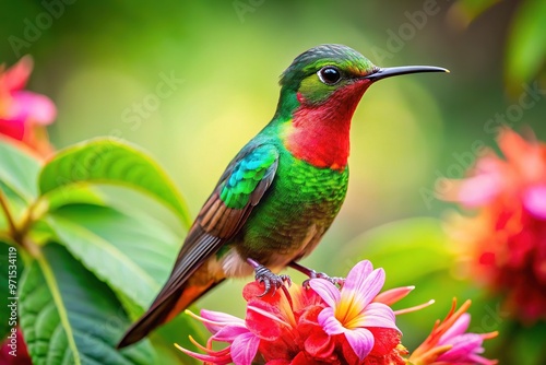 Vibrant red breasted hummingbird perched on a delicate pink flower, its iridescent feathers glistening in the sunlight, surrounded by lush green tropical foliage. photo