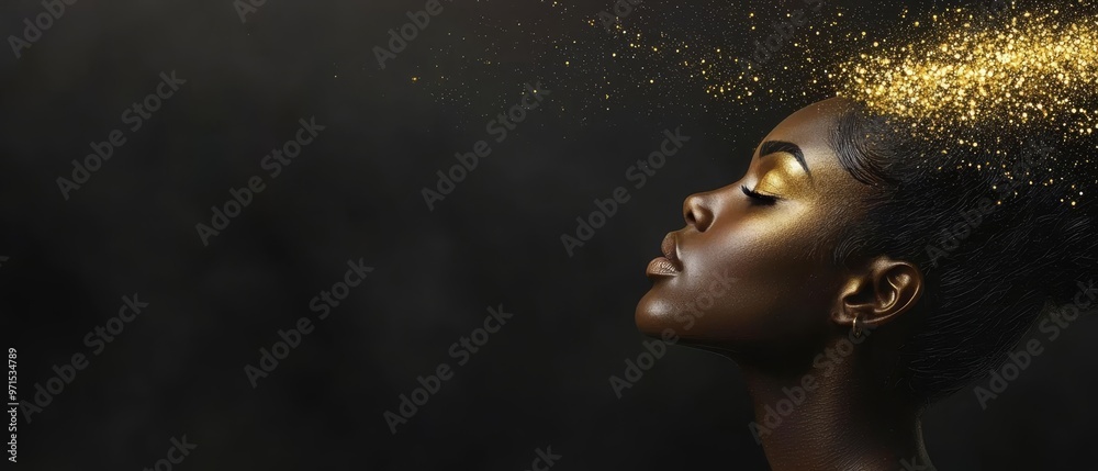 A woman with gold glitter on her face and eyes closed, hair billowing in the wind A woman with gold glitter on her face and eyes closed, hair billowing in the wind