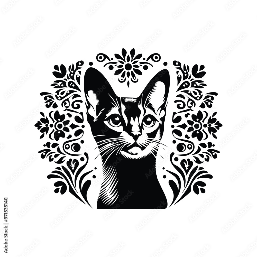 Obraz premium Abyssinian cat in folk art black and white silhouette illustration