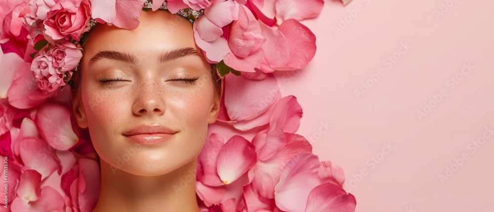 A woman with closed eyes wears a crown of pink flowers A woman with closed eyes wears a crown of pink flowers
