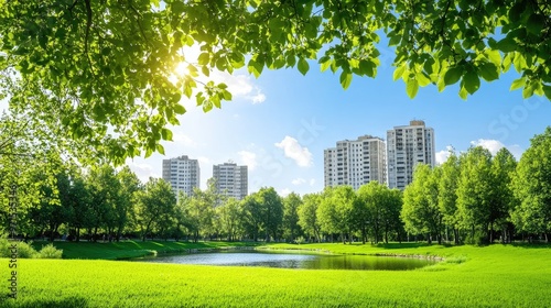 Golden sunlight bathes a modern city skyline, where tall buildings rise amid lush greenery, with a tranquil river reflecting the warm hues of sunset