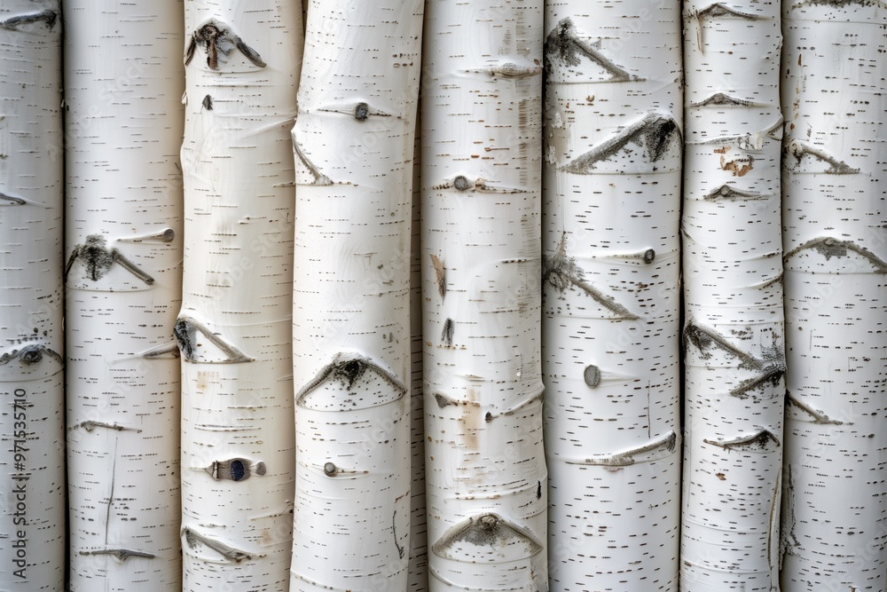 Obraz premium White birch tree trunks with distinctive bark patterns and textures.