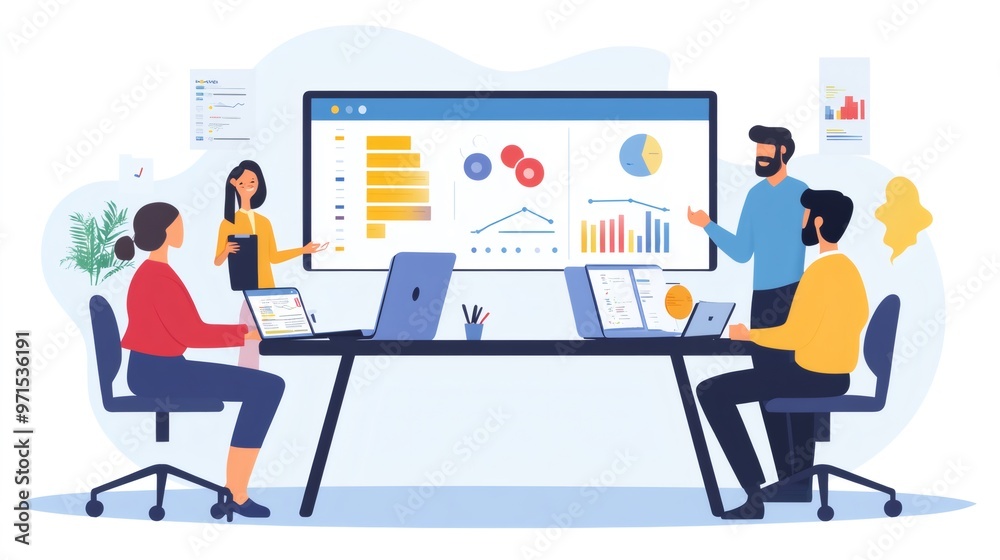 Businesspeople analyzing data charts and graphs in a meeting room. Businesspeople analyzing data charts and graphs in a meeting room.