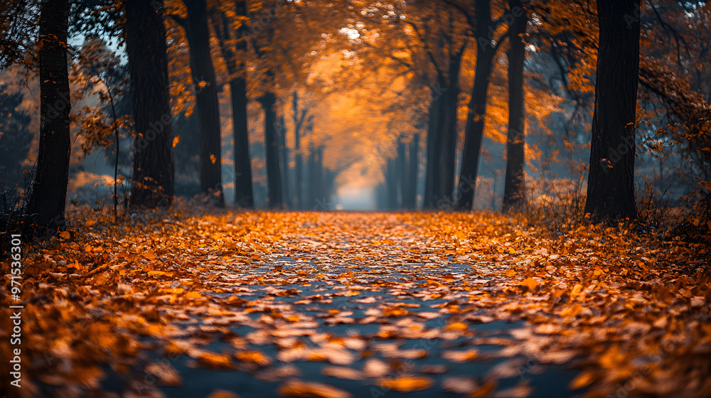 Obraz premium A path lined with trees leads into a misty forest, covered in autumn leaves. The sun shines through the branches, creating a warm glow.