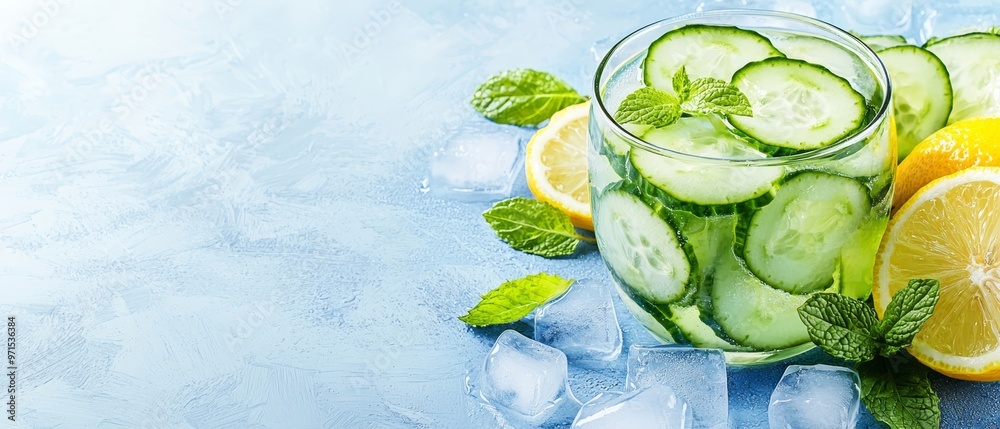 Obraz premium A glass of cucumber, lemon, and mint beverage with ice cubes against a blue background