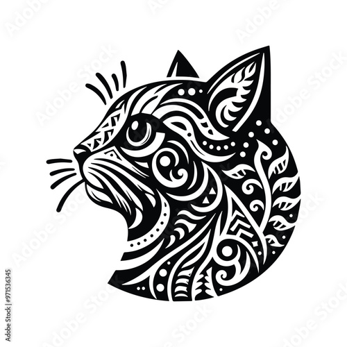 Wallpaper Mural Bengal Cat in folk art black and white silhouette illustration Torontodigital.ca