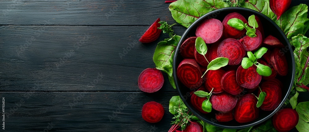 A bowl of beets topped with vibrant green leaves against a dark wood backdrop Text/Image here A bowl of beets topped with vibrant green leaves against a dark wood backdrop Text/Image here
