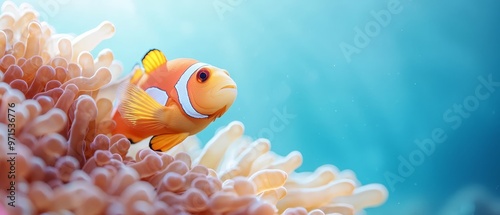  A tight shot of a clownfish near coral, anemone in the front, backdrop of blue water