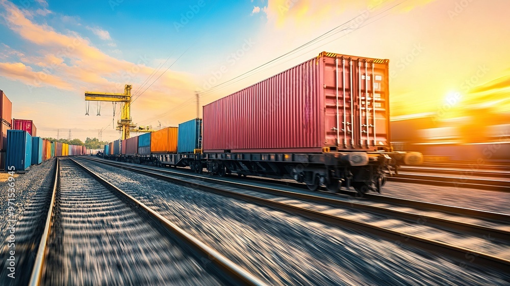 Container train moving along railway tracks at sunset in an industrial area with cranes in the background Container train moving along railway tracks at sunset in an industrial area with cranes in the background