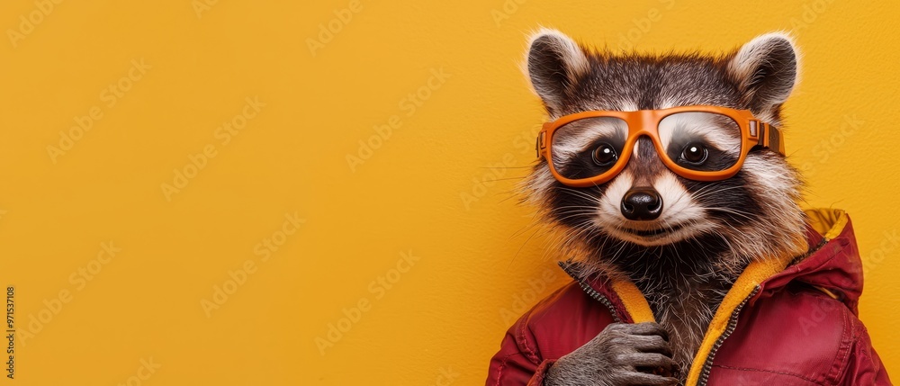 A raccoon dons a red jacket and orange goggles, posed before a yellow backdrop A raccoon dons a red jacket and orange goggles, posed before a yellow backdrop