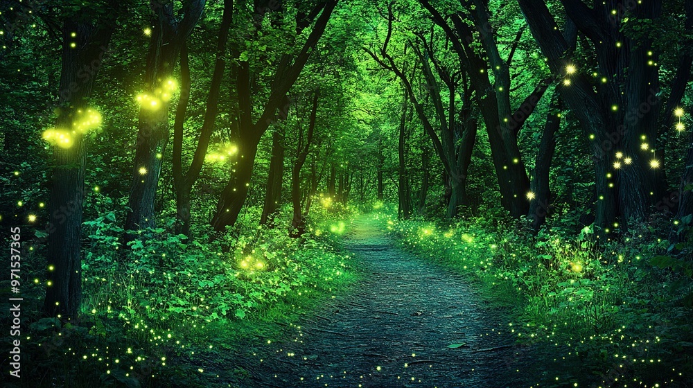 Obraz premium A serene forest path illuminated by glowing fireflies on a warm summer evening, surrounded by lush greenery and tall trees