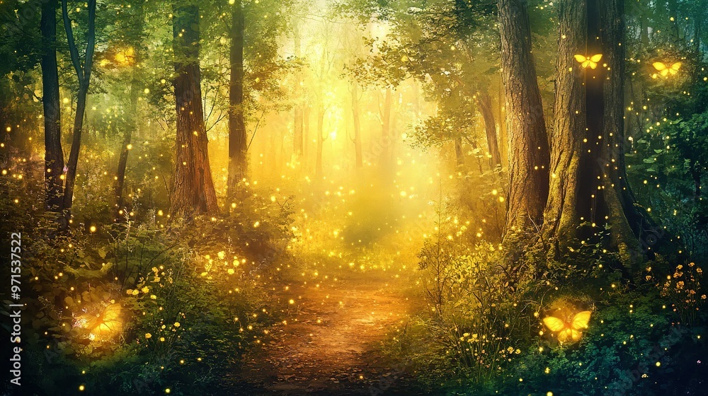 Fototapeta premium A serene forest pathway illuminated by glowing fireflies and butterflies during a golden sunset in a tranquil woodland