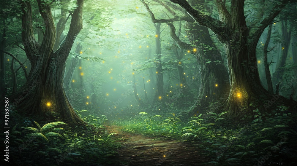 Obraz premium A serene forest path illuminated by glowing fireflies during a tranquil summer evening