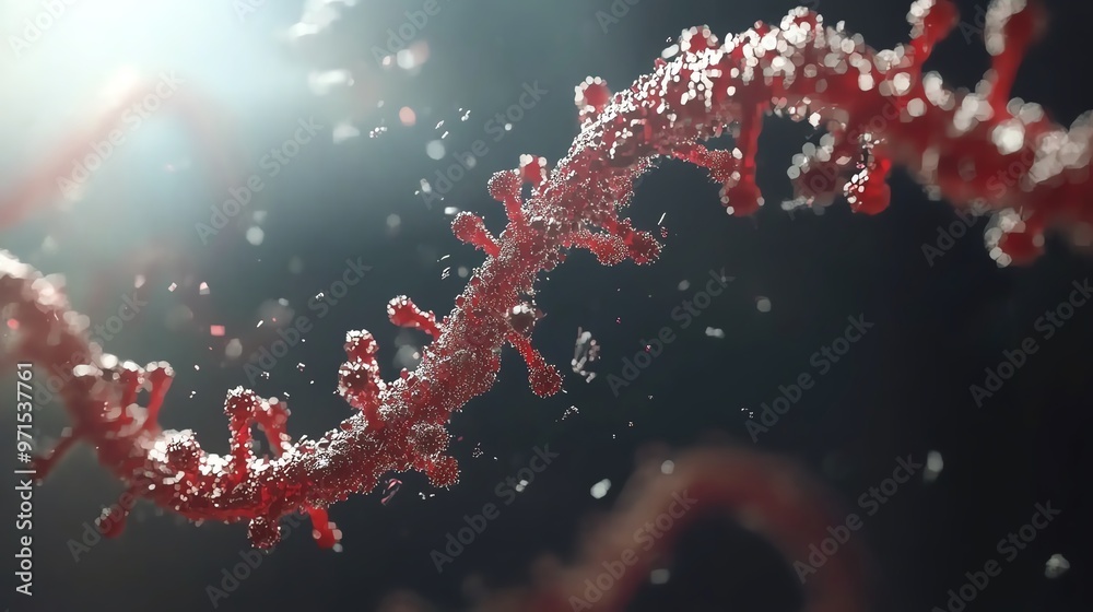 A close-up view of a vibrant red RNA strand, showcasing intricate molecular structures against a blurred background.
