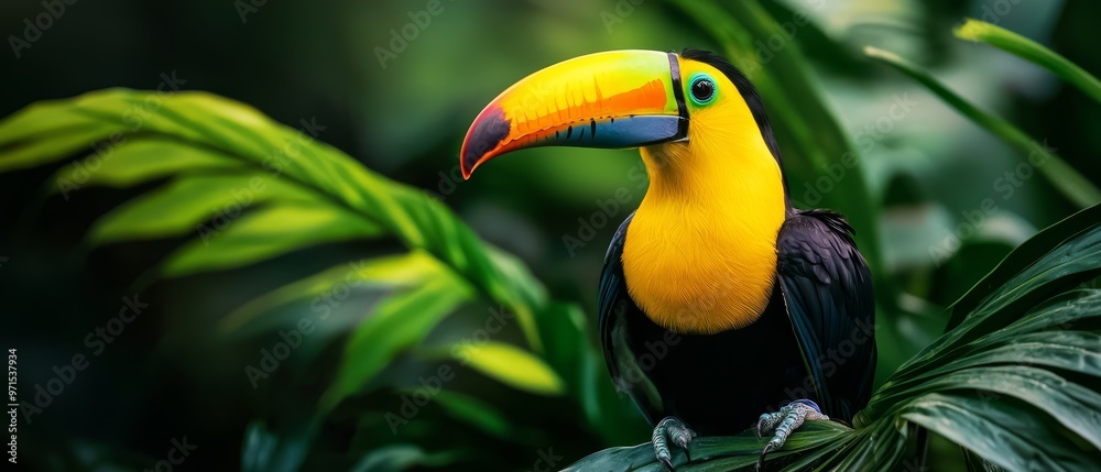 Obraz premium A towering green tree, richly foliated with leaves, hosts a vibrant toucan