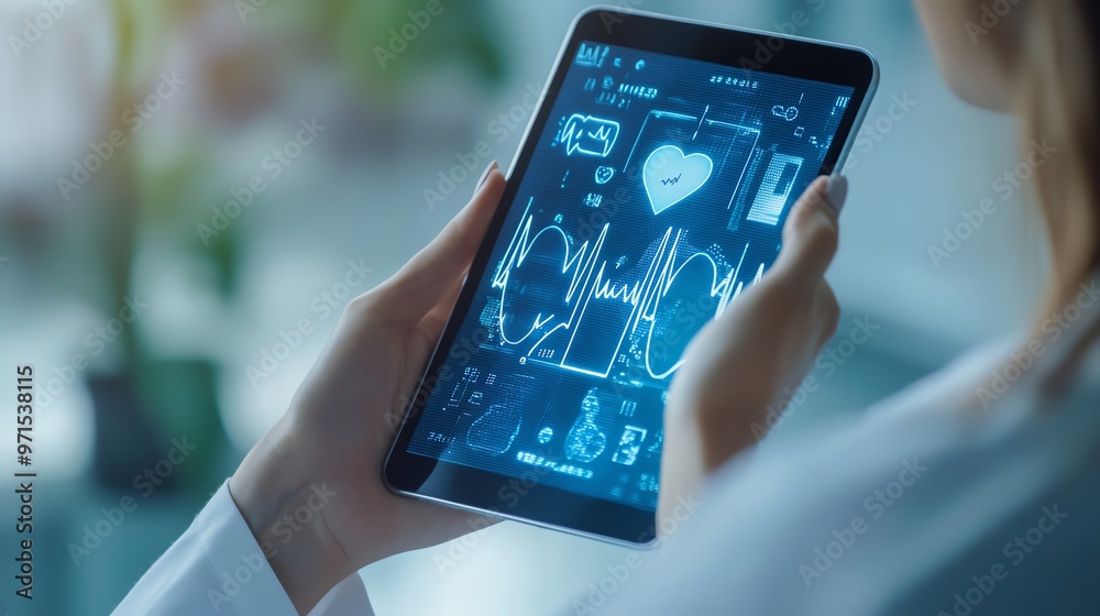 A healthcare professional monitors patient data on a tablet, showcasing modern medical technology and digital health solutions. A healthcare professional monitors patient data on a tablet, showcasing modern medical technology and digital health solutions.