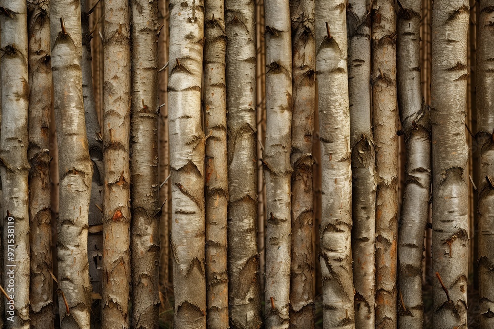 Textured wall made of vertical birch tree trunks, showcasing the natural patterns and colors of the bark. Textured wall made of vertical birch tree trunks, showcasing the natural patterns and colors of the bark.