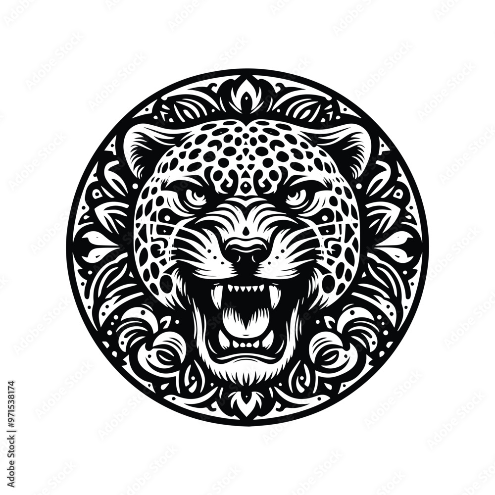 Jaguar in bohemian black and white silhouette illustration Jaguar in bohemian black and white silhouette illustration
