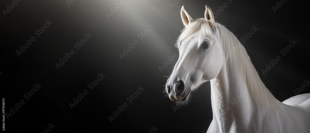 A white horse with an extended mane stands before a black backdrop, illuminated from behind by soft light, casting its head in a radiant glow A white horse with an extended mane stands before a black backdrop, illuminated from behind by soft light, casting its head in a radiant glow
