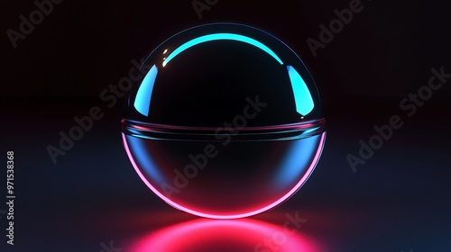 A shiny, chrome sphere with blue and pink neon lights.
