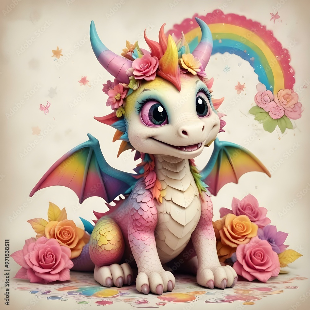 A cute rainbow dragon with pink accents, sitting and smiling, against a light sticker white background A cute rainbow dragon with pink accents, sitting and smiling, against a light sticker white background